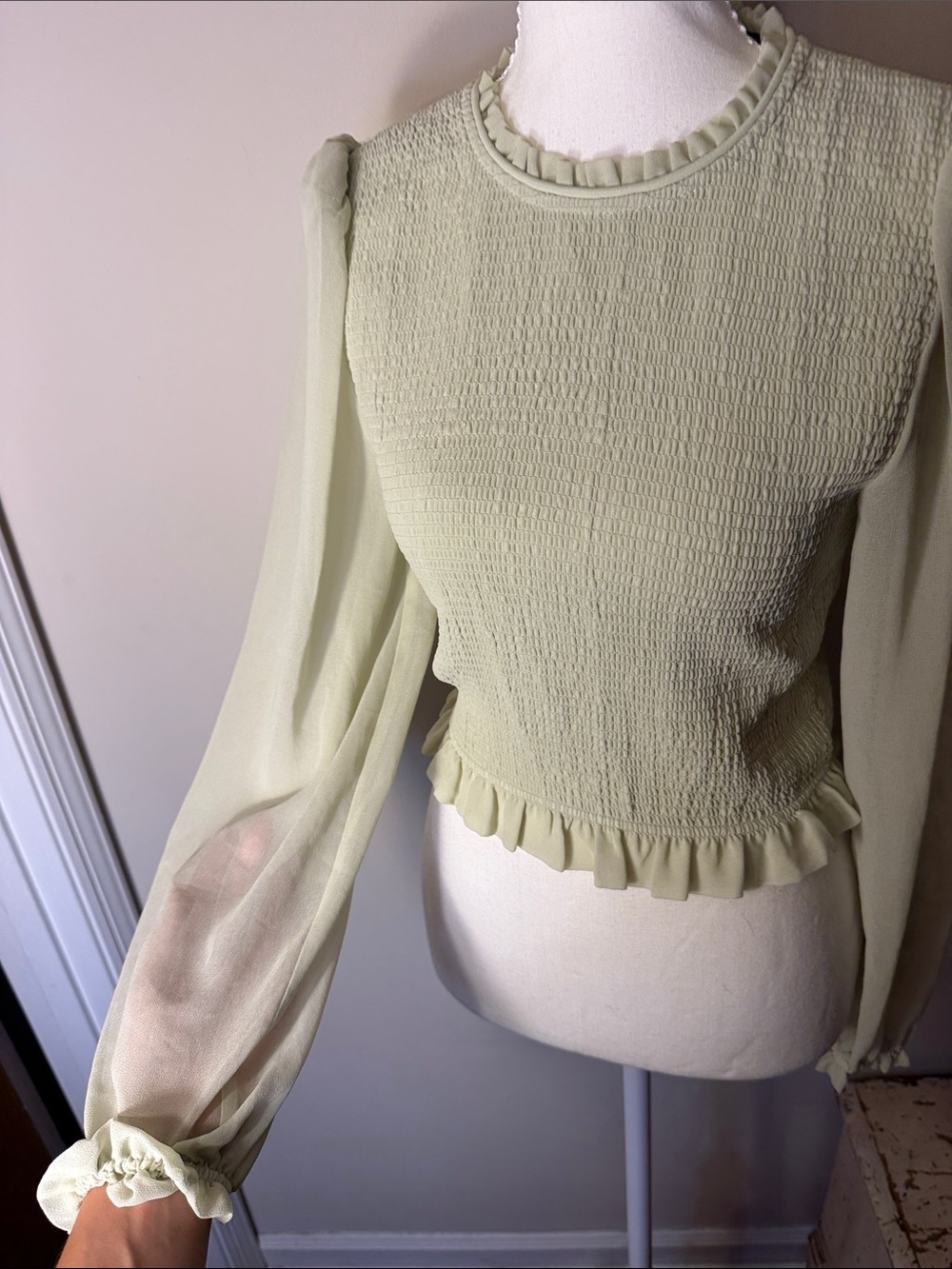 TRUTH by Republic Ruffled  Long Sleeve Top in Light Sage - Picture 4 of 7